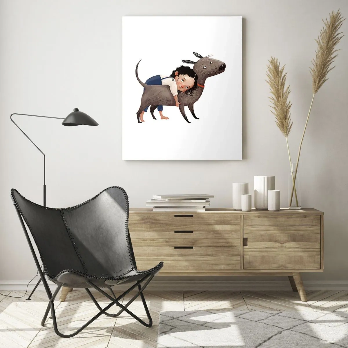 Obraz na szkle - Dziewczynka przytulająca dużego psa na białym tle - 50x70cm - Najlepsi przyjaciele - Nowoczesna dekoracja ścienna do salonu, kuchni i sypialni ARTTOR