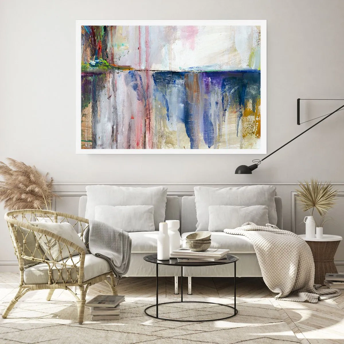 Plakat - Abstrakcyjna kompozycja barw z efektem odbicia na płótnie - 100x70cm - Barwne wrażenia i skojarzenia - Nowoczesna dekoracja ścienna do salonu i sypialni ARTTOR
