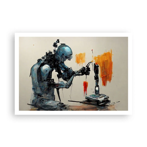 Plakat - Robot przy pracy z abstrakcyjnym tłem - 100x70cm - Już jutro… - Nowoczesna dekoracja ścienna do salonu i sypialni ARTTOR