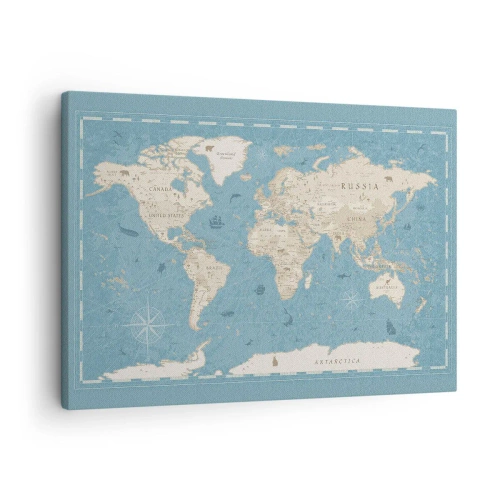 Obraz na płótnie - Dekoracyjna mapa świata w odcieniach niebieskiego i beżu - 70x50cm - Świat w zasięgu ręki - Nowoczesna dekoracja ścienna do salonu i sypialni ARTTOR