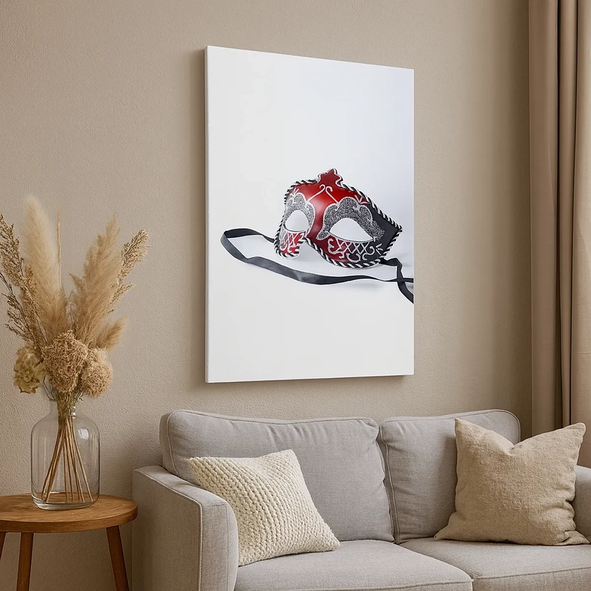 Obraz na płótnie - Czerwona maska karnawałowa z brokatem na białym tle - 50x70cm - Zaproszenie na bal - Nowoczesna dekoracja ścienna do salonu, kuchni i sypialni ARTTOR