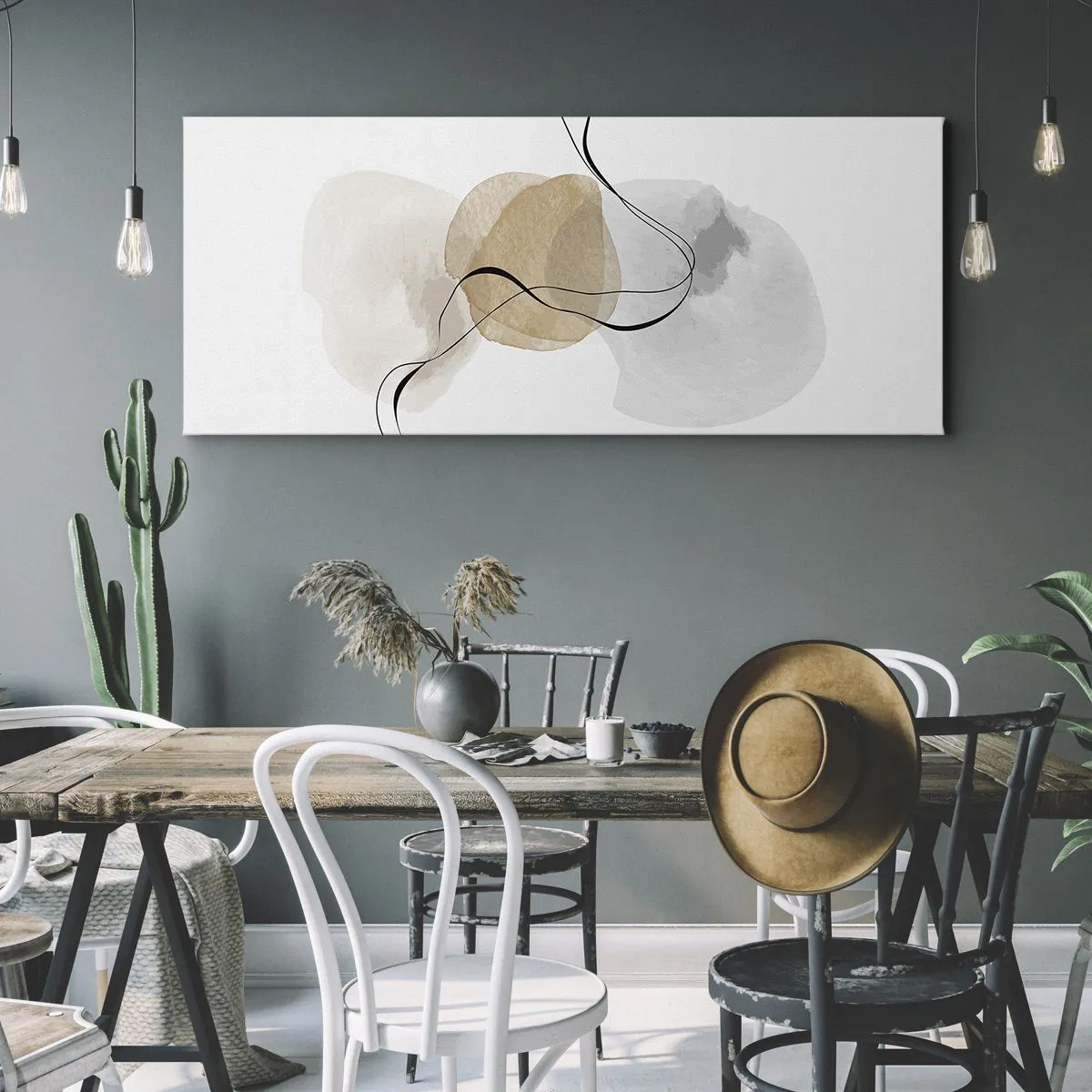 Obraz na płótnie - Minimalistyczna abstrakcja w odcieniach beżu i szarości - 140x50cm - Powietrzne paciorki - Nowoczesna dekoracja ścienna do salonu i sypialni ARTTOR