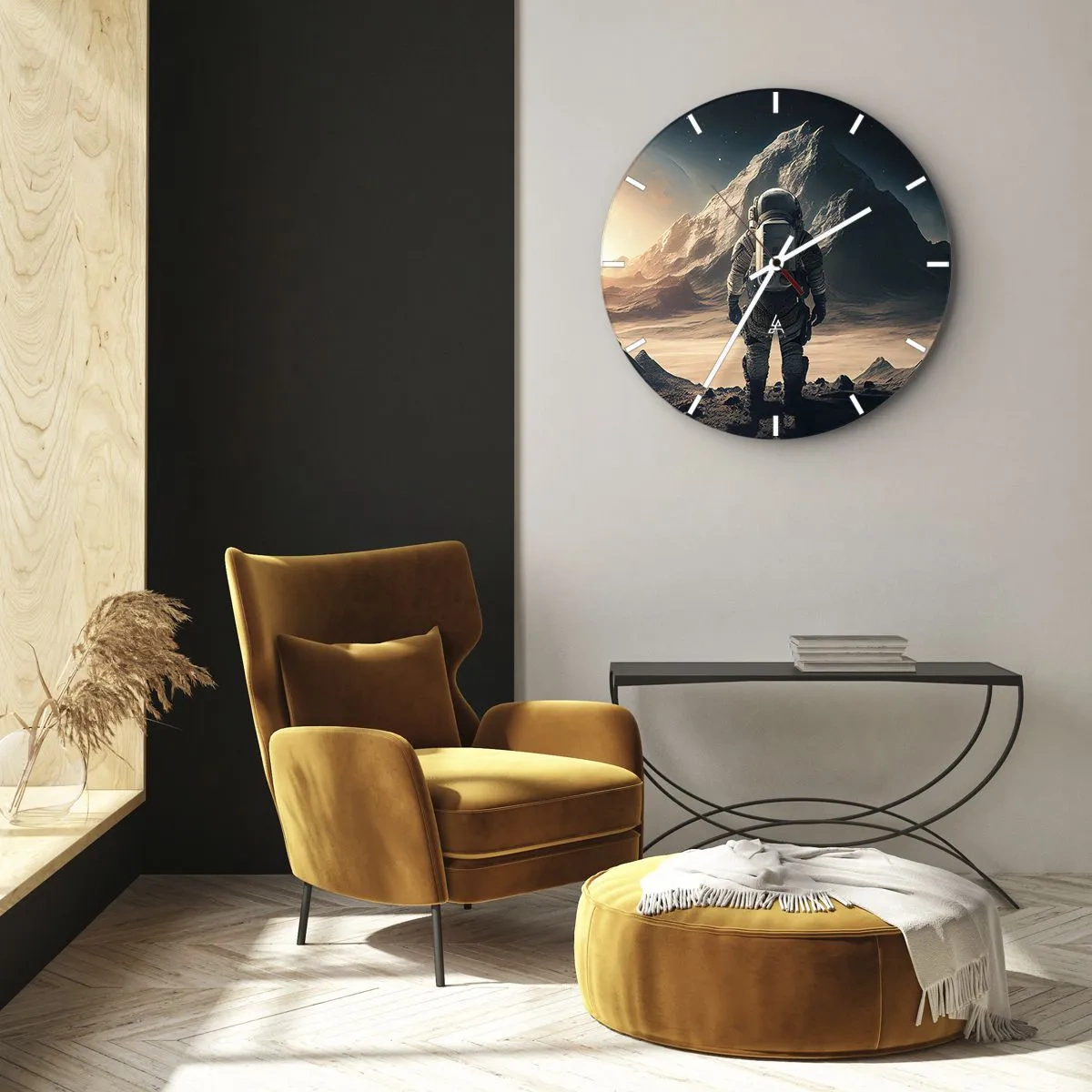 Zegar ścienny - Astronauta patrzący na kosmiczny krajobraz z górą - 30x30cm - Nowe wyzwanie - Nowoczesna dekoracja ścienna do salonu, kuchni i sypialni ARTTOR