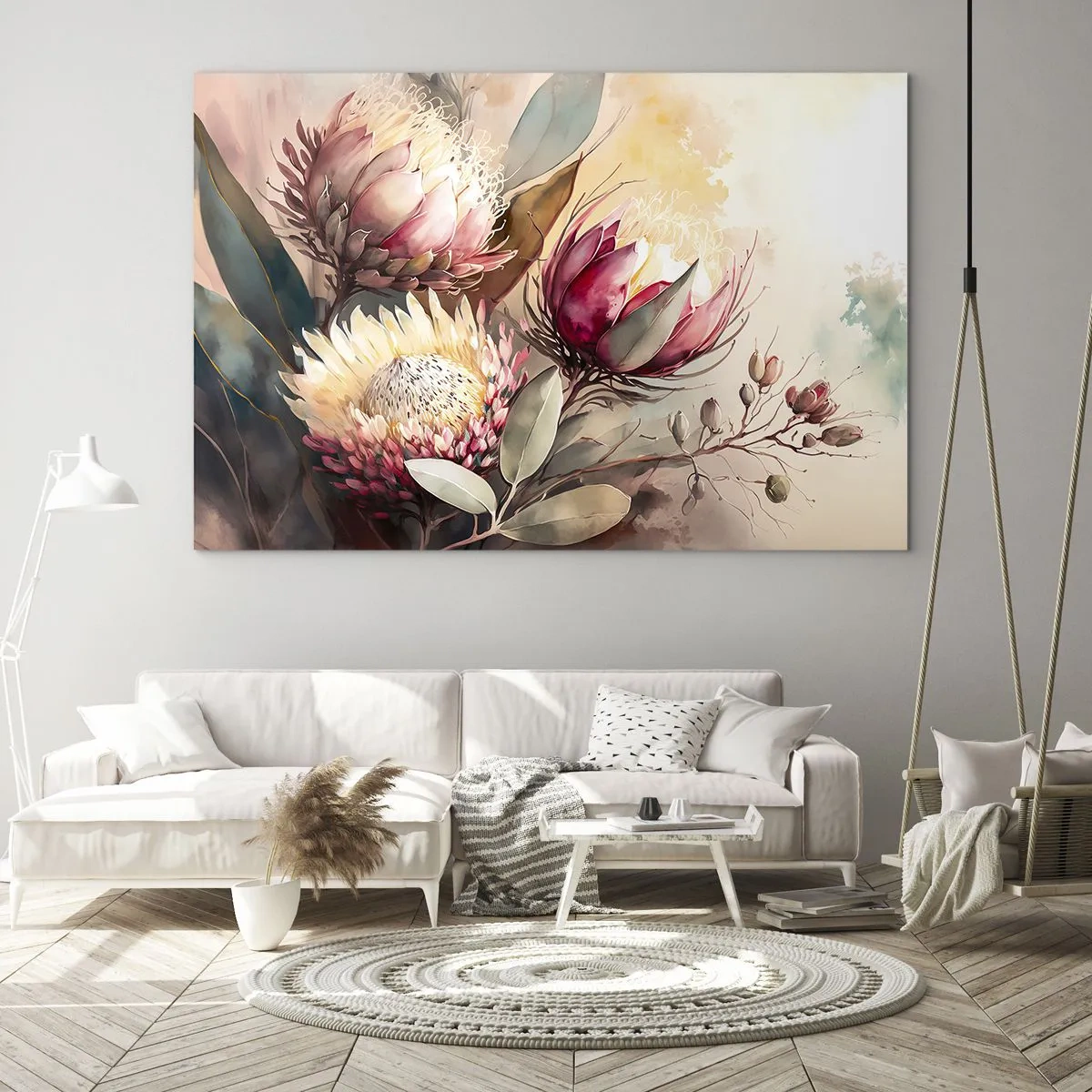 Obraz na szkle - Kwiaty protei w pastelowych barwach na artystycznym tle - 70x50cm - Z profilu i en face - Nowoczesna dekoracja ścienna do salonu i sypialni ARTTOR
