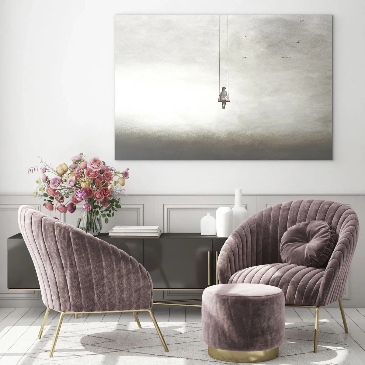 Obraz na szkle - Postać na huśtawce zawieszonej w niebie - 70x50cm - Dziecko w nas - Nowoczesna dekoracja ścienna do salonu i sypialni ARTTOR
