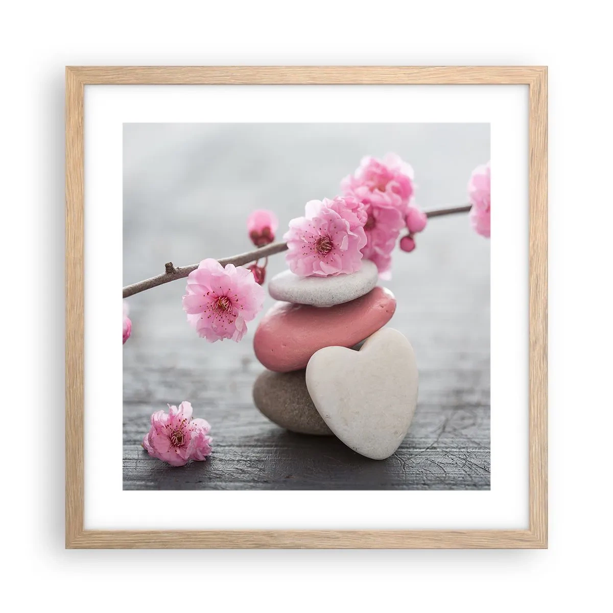 Plakat w ramie jasny dąb - Błogość z kwiatem wiśni - 40x40 cm