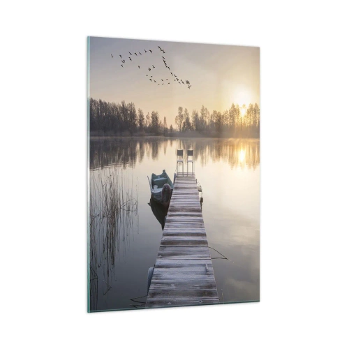 Obraz na szkle - Poranek nad jeziorem z pomostem - 50x70cm - Wrócę za jakiś czas - Nowoczesna dekoracja ścienna do salonu, kuchni i sypialni ARTTOR