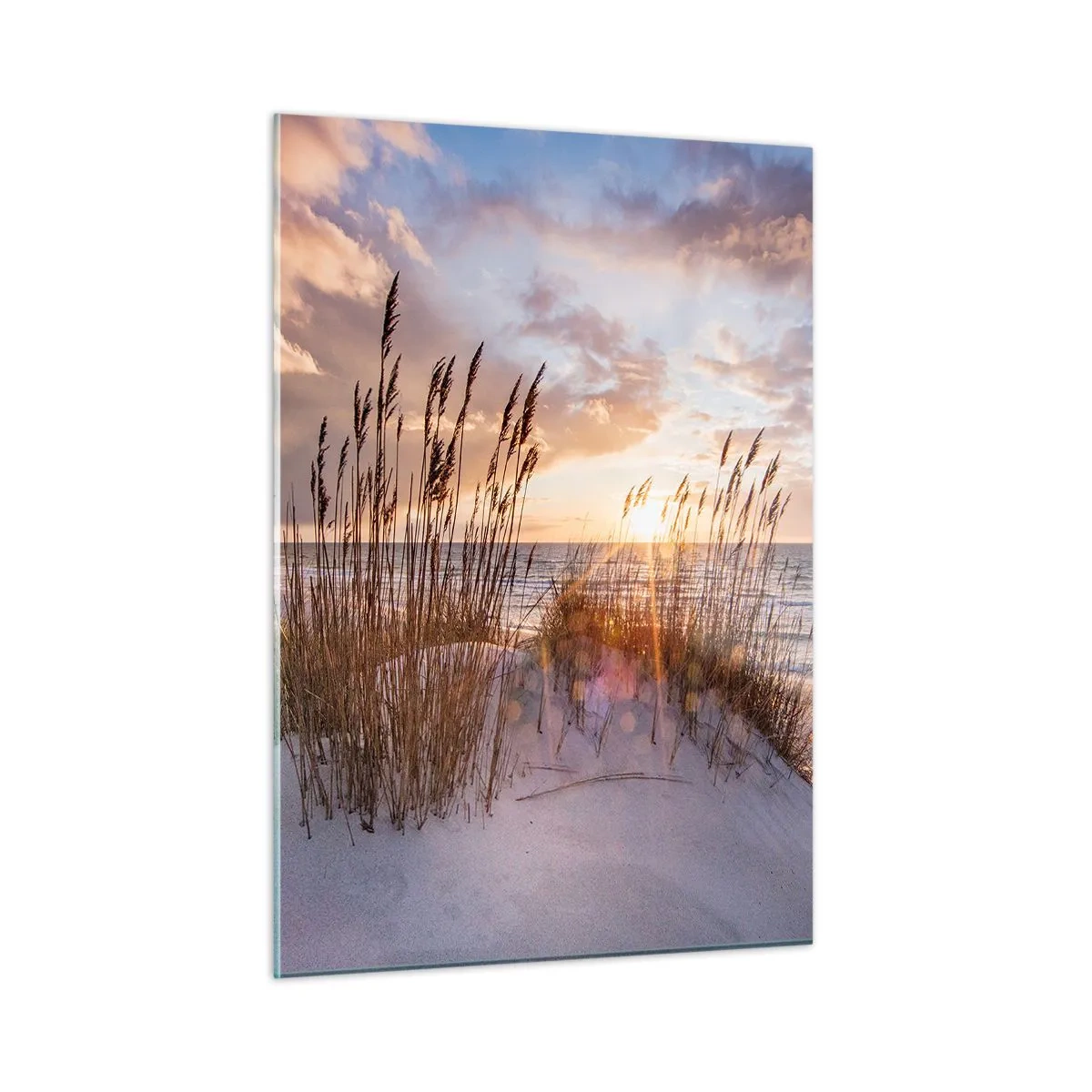Obraz na szkle - Zachód słońca nad morzem widziany przez nadmorskie trawy - 50x70cm - Pożegnanie słońca i wiatru - Nowoczesna dekoracja ścienna do salonu, kuchni i sypialni ARTTOR