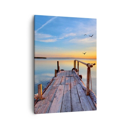 Obraz na płótnie - Drewniany pomost o zachodzie słońca - 50x70cm - Iść przed siebie ku słońcu - Nowoczesna dekoracja ścienna do salonu, kuchni i sypialni ARTTOR