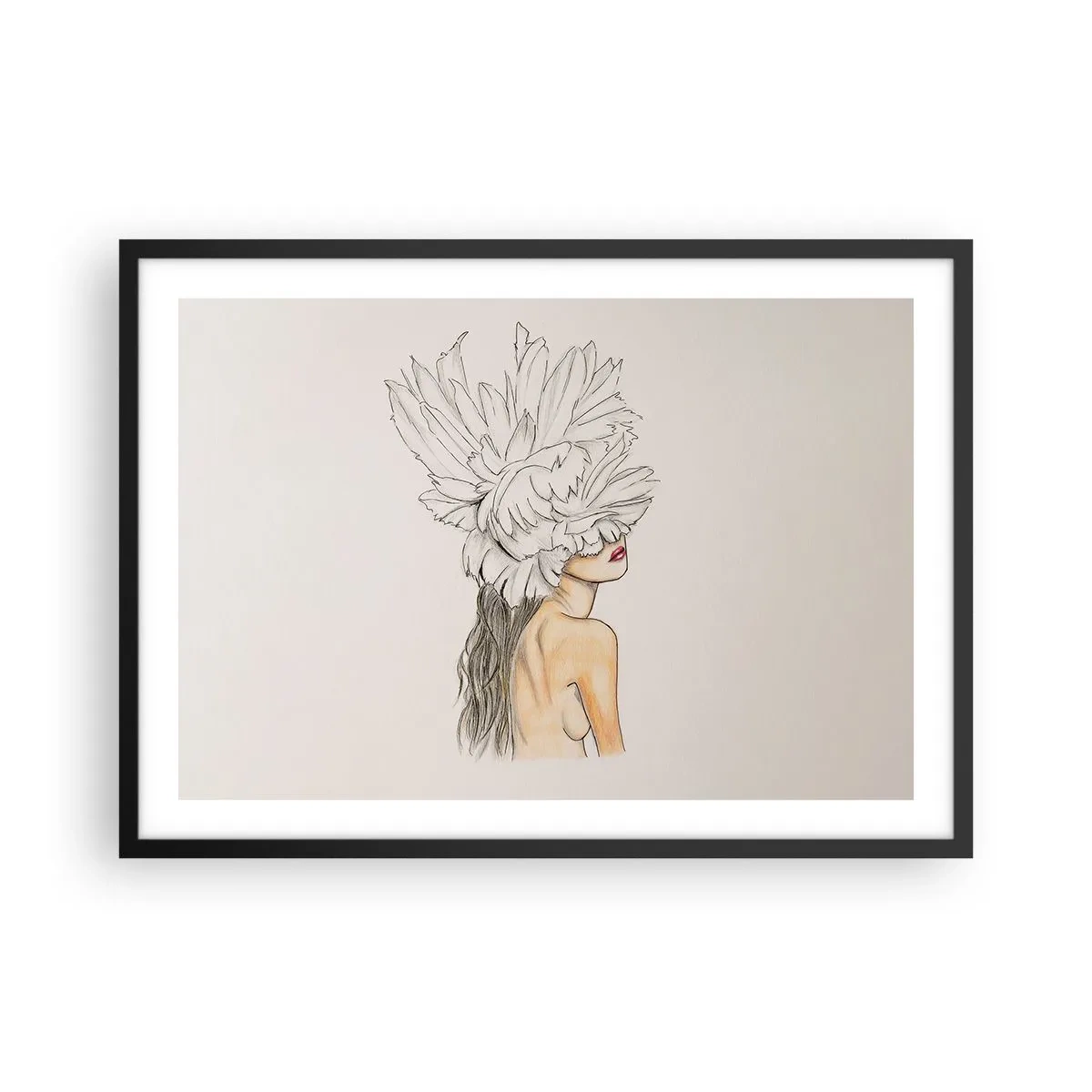 Plakat w czarnej ramie - Portret kobiety z ozdobą z piór w artystycznym stylu - 70x50cm - Piękność ukoronowana - Nowoczesna dekoracja ścienna do salonu i sypialni ARTTOR