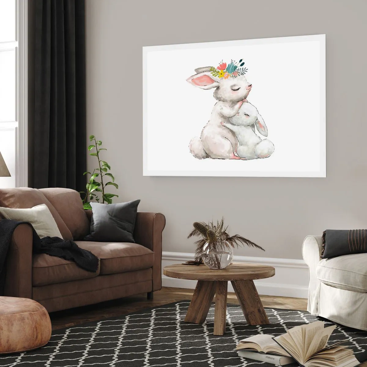 Plakat - Urocze króliki w pastelowych barwach - 100x70cm - Nie ma jak u mamy - Nowoczesna dekoracja ścienna do salonu i sypialni ARTTOR