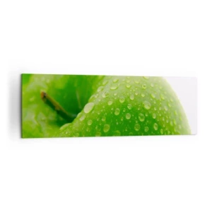 Obraz na płótnie - Zielone jabłko z kroplami wody w zbliżeniu - 160x50cm - Zielona chłodna świeżość - Nowoczesna dekoracja ścienna do salonu i sypialni ARTTOR