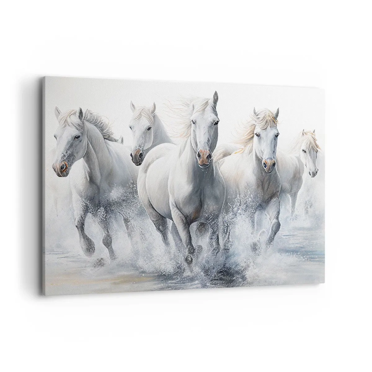 Obraz na płótnie - Białe konie galopujące przez wodę - 100x70cm - Biała magia - Nowoczesna dekoracja ścienna do salonu, kuchni i sypialni ARTTOR