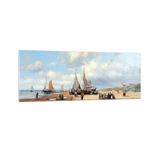 Obraz na szkle - Rybackie łodzie na plaży z postaciami ludzi - 140x50cm - Po udanym połowie - Nowoczesna dekoracja ścienna do salonu i sypialni ARTTOR
