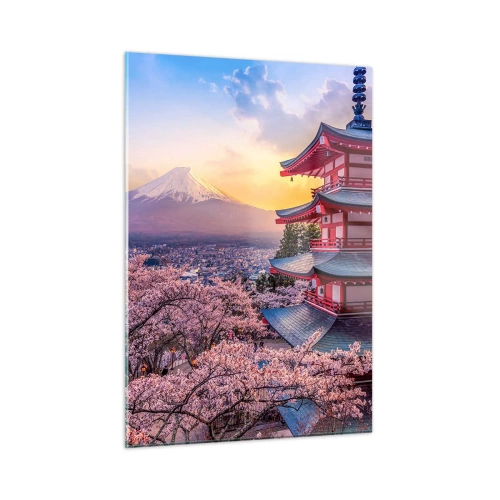 Obraz na szkle - Pagoda w japońskim krajobrazie z widokiem na górę Fuji i kwitnące drzewa - 50x70cm - Esencja japońskiego ducha - Nowoczesna dekoracja ścienna do salonu, kuchni i sypialni ARTTOR