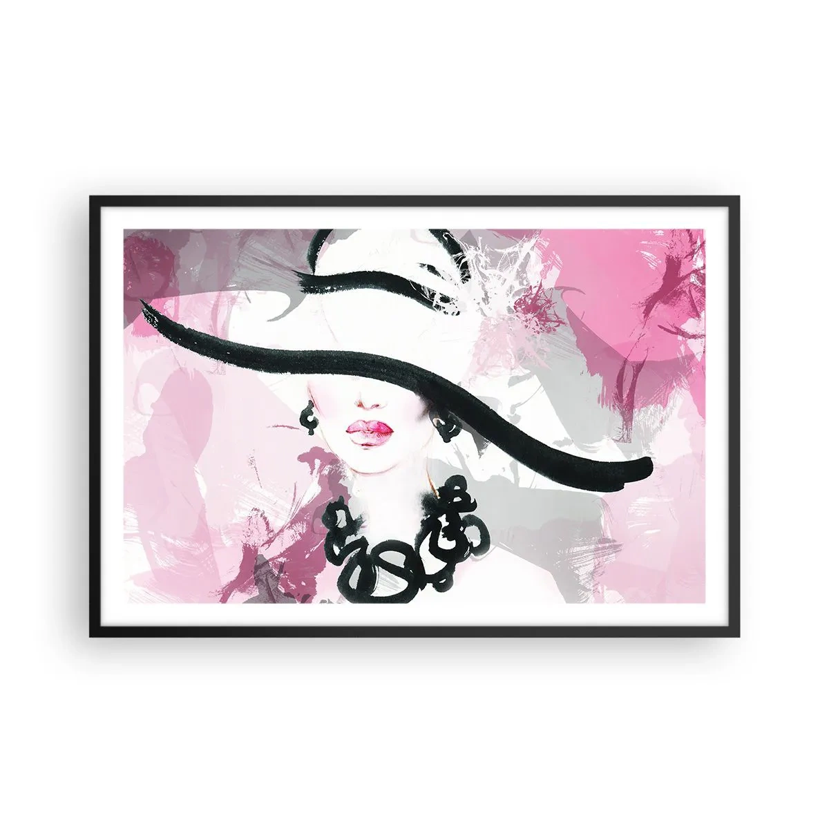 Plakat w czarnej ramie - Portret damy w czerni i różu - 91x61 cm