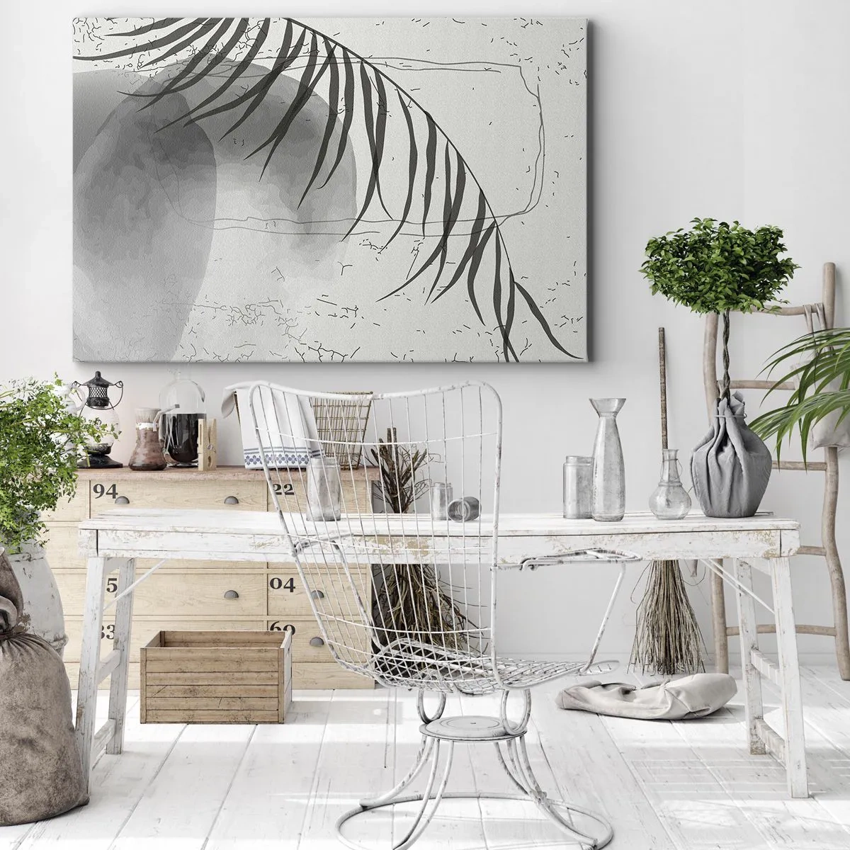 Obraz na płótnie - Delikatny motyw liścia palmy na jasnym tle w stylu skandynawskim - 70x50cm - Subtelna egzotyka natury - Nowoczesna dekoracja ścienna do salonu i sypialni ARTTOR
