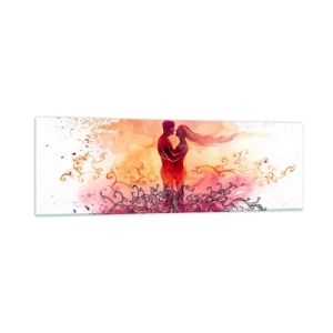 Obraz na szkle - Para w objęciach na tle abstrakcyjnego różowo-pomarańczowego wzoru - 160x50cm - Jednego serca! Tak mało mi trzeba… - Nowoczesna dekoracja ścienna do salonu i sypialni ARTTOR