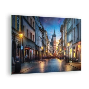 Obraz na szkle - Wieczorny widok na starówkę z kościołem w tle - 70x50cm - Krakowski czar - Nowoczesna dekoracja ścienna do salonu i sypialni ARTTOR