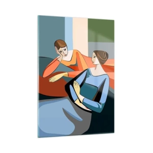 Obraz na szkle - Geometryczna scena rozmowy dwóch kobiet na tle wnętrza - 50x70cm - Chwila zwierzeń - Nowoczesna dekoracja ścienna do salonu, kuchni i sypialni ARTTOR
