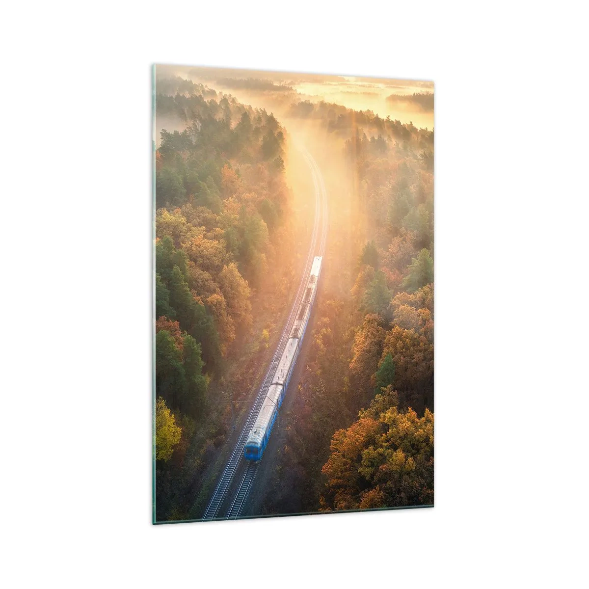 Obraz na szkle - Pociąg w jesiennym lesie o świcie - 70x100cm - Jesienna podróż - Nowoczesna dekoracja ścienna do salonu i sypialni ARTTOR