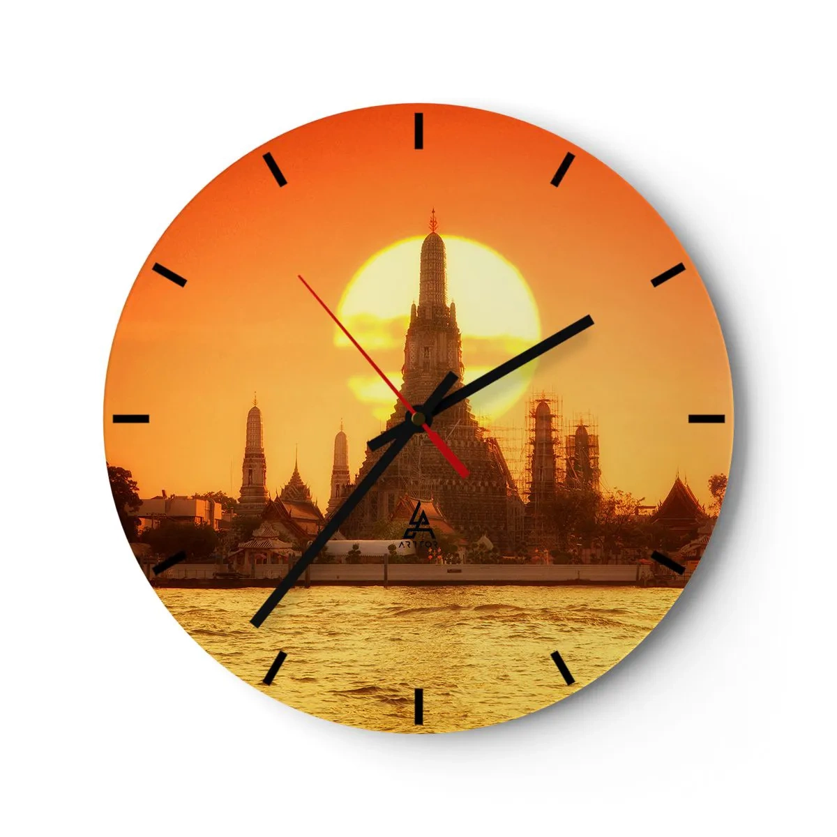 Zegar ścienny - Świątynia w świetle zachodzącego słońca nad wodą - 30x30cm - Ku słońcu, zawsze ku słońcu - Nowoczesna dekoracja ścienna do salonu, kuchni i sypialni ARTTOR
