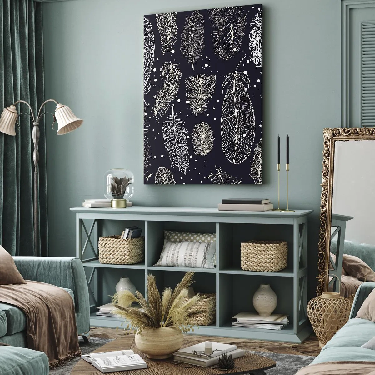 Obraz na płótnie - Białe pióra na granatowym tle w stylu boho - 50x70cm - Pierzasta koronka - Nowoczesna dekoracja ścienna do salonu, kuchni i sypialni ARTTOR