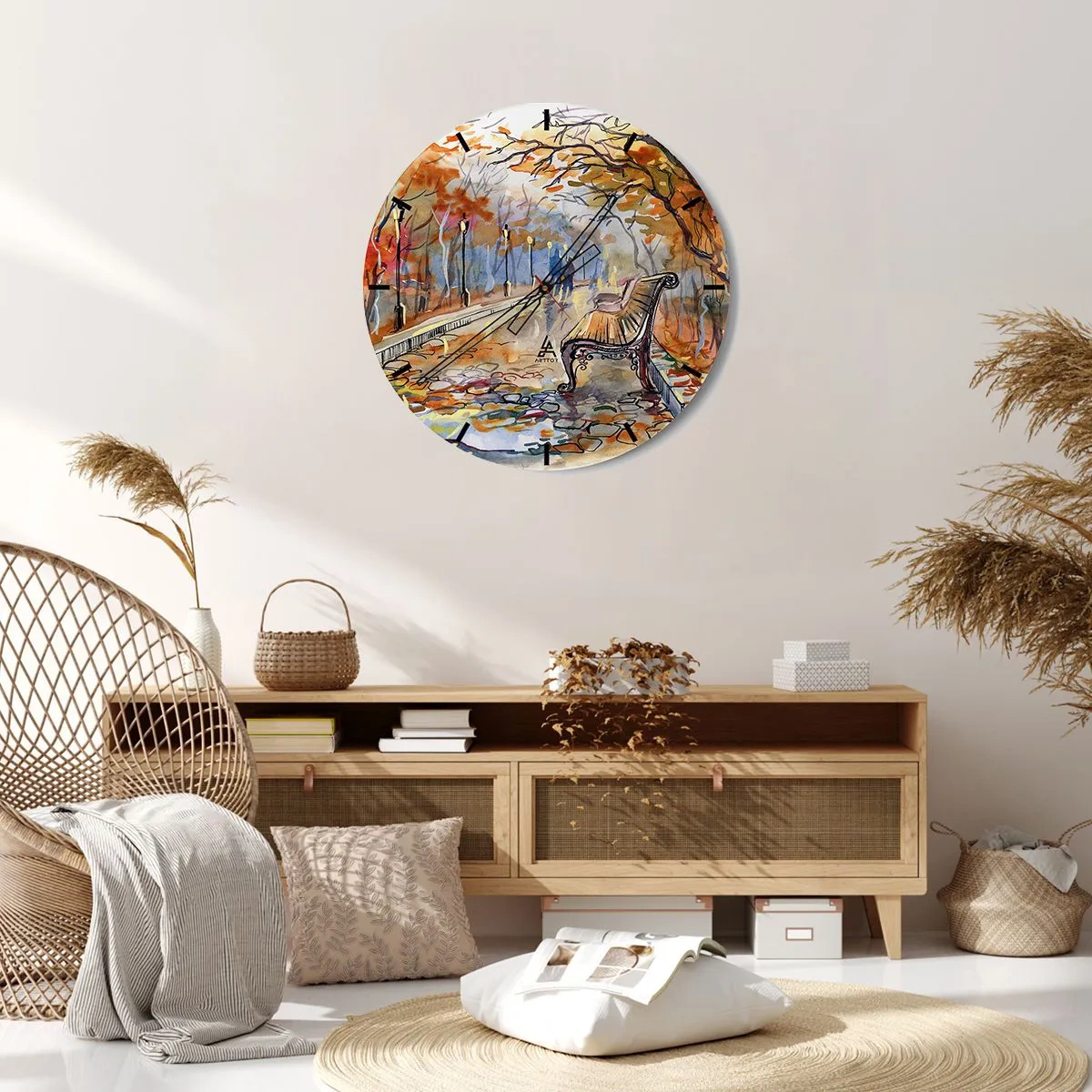 Zegar ścienny - Jesienny park z ławką w akwarelowym stylu - 30x30cm - Razem powędrować w jesień - Nowoczesna dekoracja ścienna do salonu, kuchni i sypialni ARTTOR