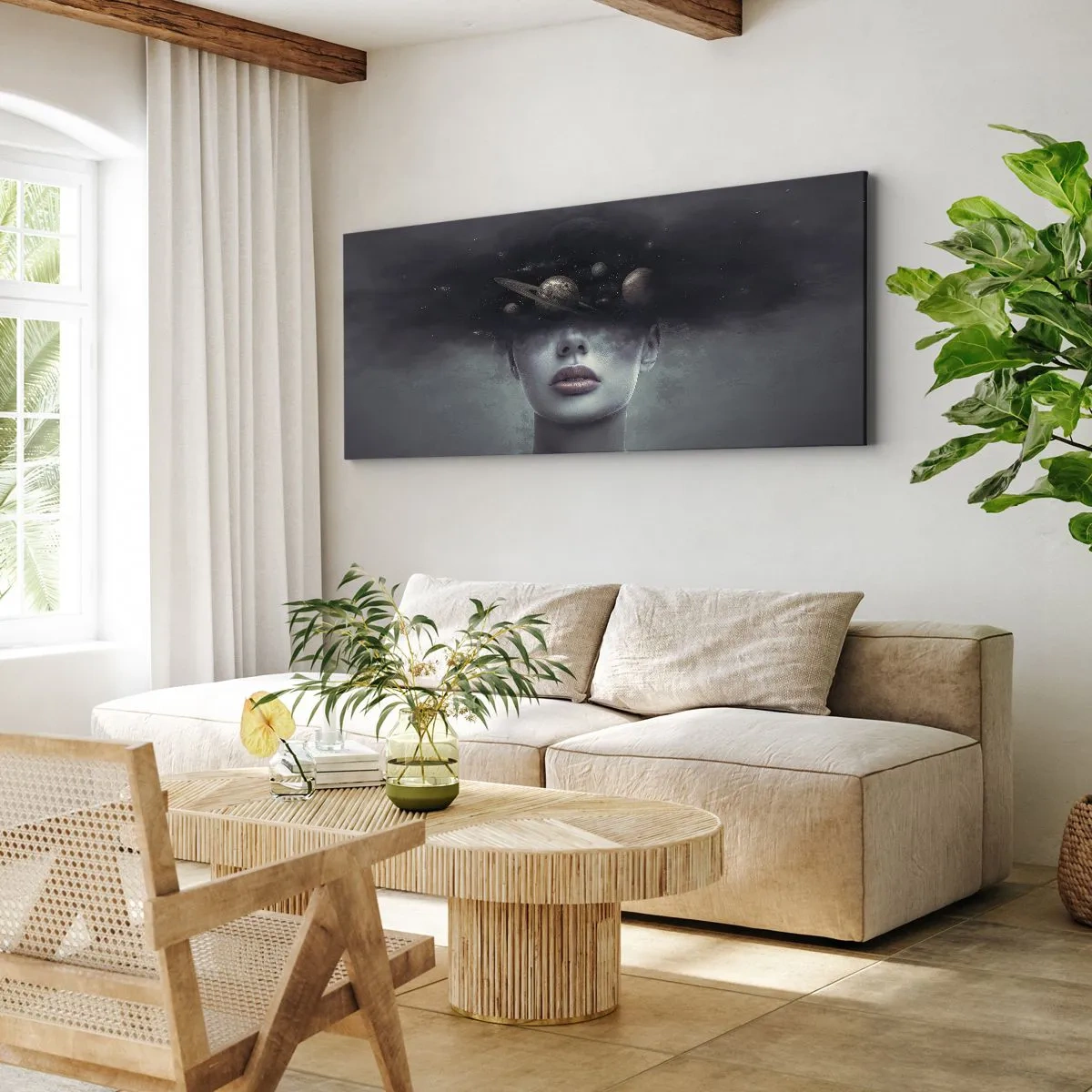 Obraz na płótnie - Kobieca twarz z motywem planet i kosmosu w tle - 120x50cm - A planety szaleją… - Nowoczesna dekoracja ścienna do salonu i sypialni ARTTOR