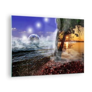 Obraz na szkle - Fantazyjny pejzaż z morzem i planetą - 70x50cm - Pejzaż surrealistyczny - jedność natury - Nowoczesna dekoracja ścienna do salonu i sypialni ARTTOR