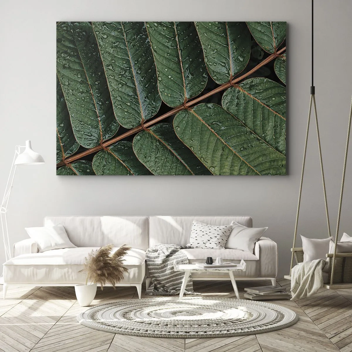 Obraz na płótnie - Zielone liście z kroplami rosy w makro ujęciu - 70x50cm - W zielonym rytmie - Nowoczesna dekoracja ścienna do salonu i sypialni ARTTOR