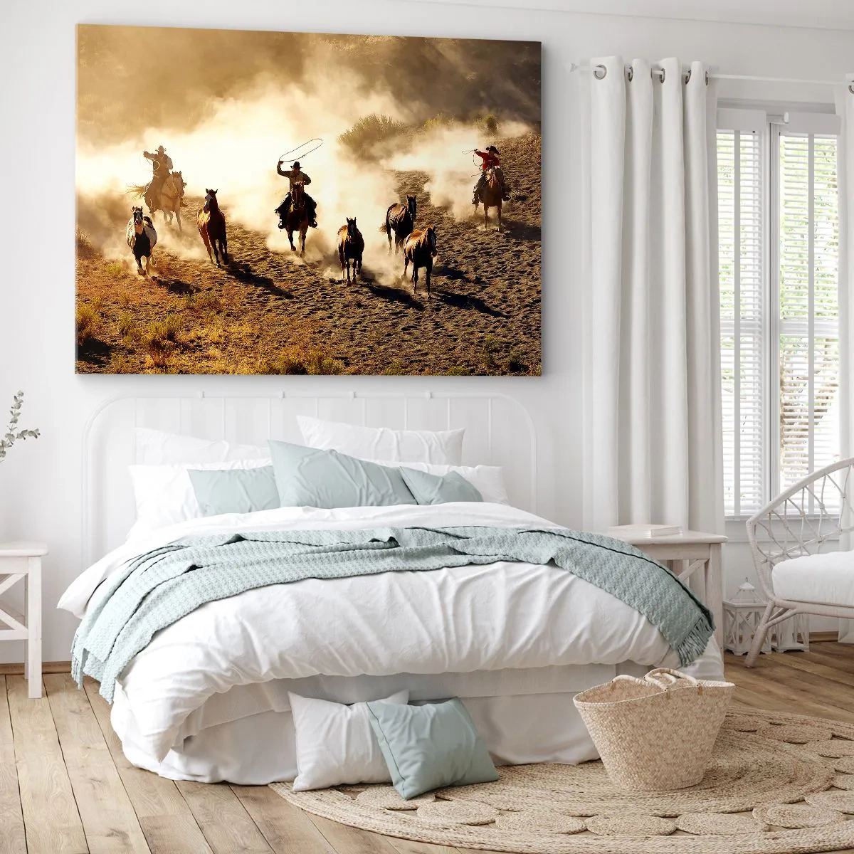 Obraz na płótnie - Kowboje na koniach w akcji na pustynnym terenie - 70x50cm - Naprawdę dziki zachód - Nowoczesna dekoracja ścienna do salonu i sypialni ARTTOR