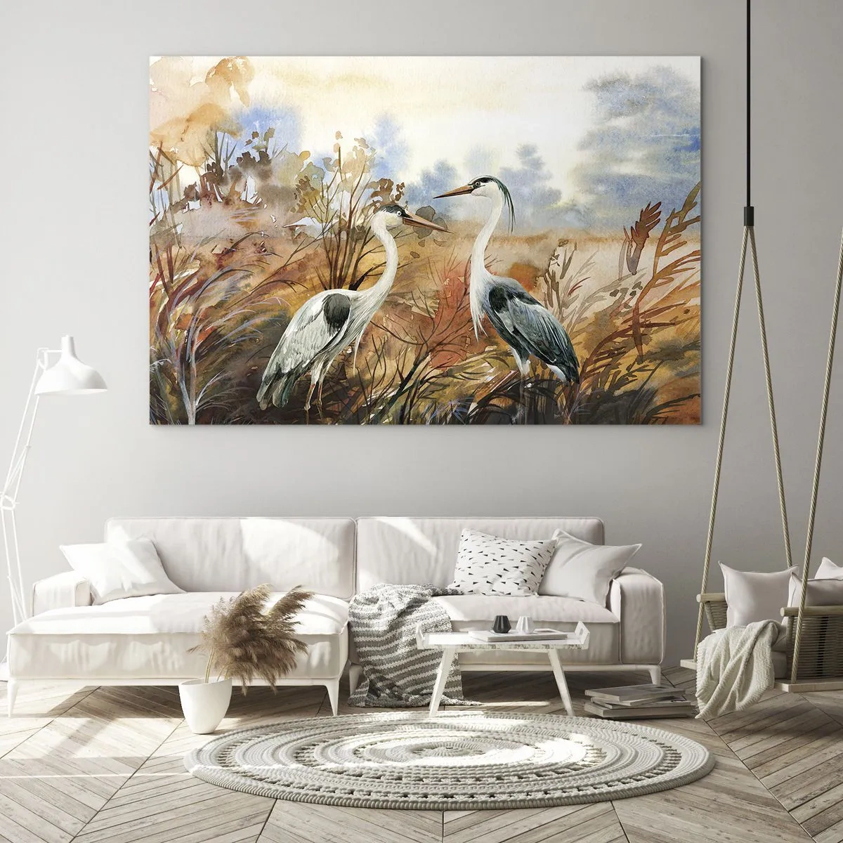 Obraz na szkle - Dwa żurawie w jesiennym pejzażu malowanym akwarelą - 70x50cm - Dokąd jesienią? - Nowoczesna dekoracja ścienna do salonu i sypialni ARTTOR