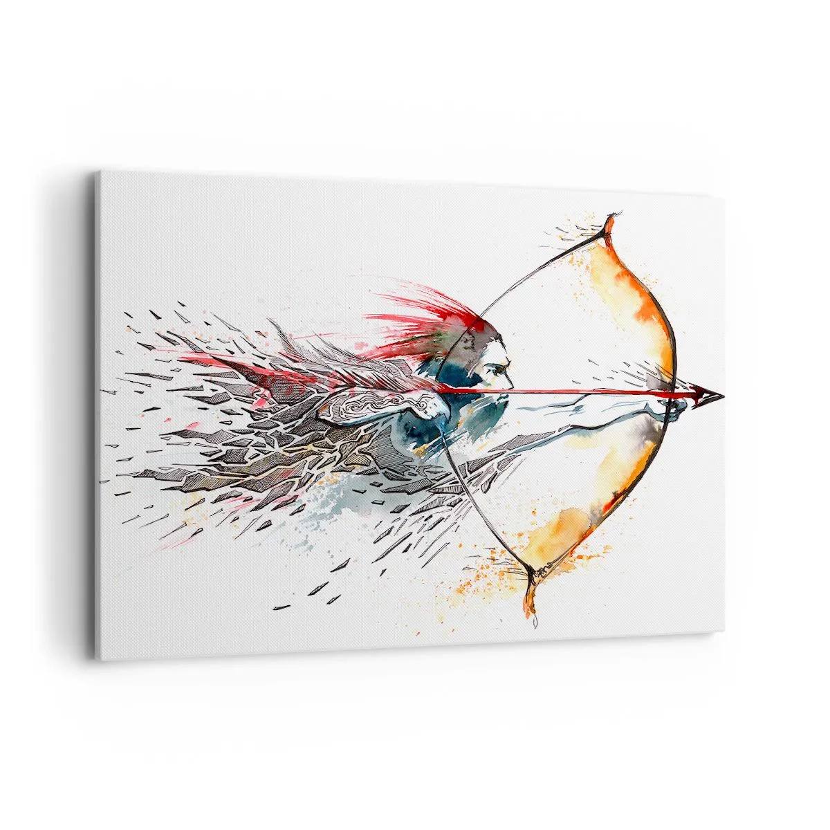 Obraz na płótnie - Dynamiczna akwarela wojownika z łukiem i strzałą - 100x70cm - Mityczny wojownik z ognistym łukiem - Nowoczesna dekoracja ścienna do salonu, kuchni i sypialni ARTTOR