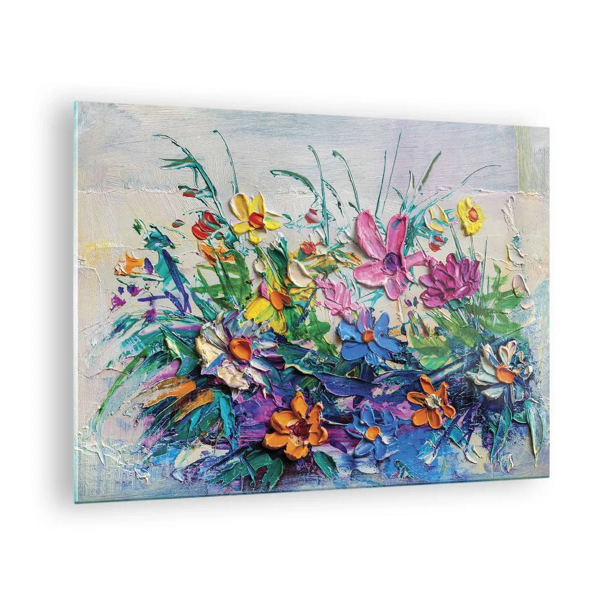 Obraz na szkle - Kolorowa kompozycja kwiatów w malarskim stylu - 70x50cm - Wcale nie-martwa natura - Nowoczesna dekoracja ścienna do salonu i sypialni ARTTOR