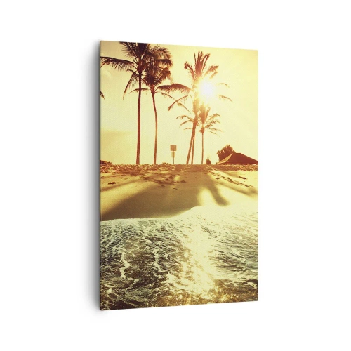 Obraz na płótnie - Plaża z palmami oświetlona ciepłym zachodem słońca - 80x120cm - Kalifornijskie popołudnie - Nowoczesna dekoracja ścienna do salonu i sypialni ARTTOR