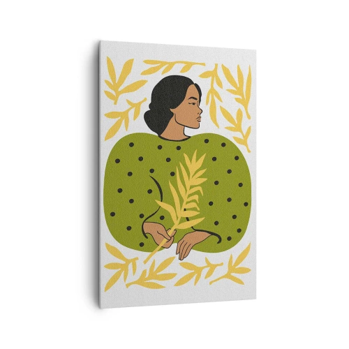 Obraz na płótnie - Kobieta w zielonej sukni z liściastym motywem na jasnym tle - 80x120cm - Hawajska dziewczyna - Nowoczesna dekoracja ścienna do salonu i sypialni ARTTOR