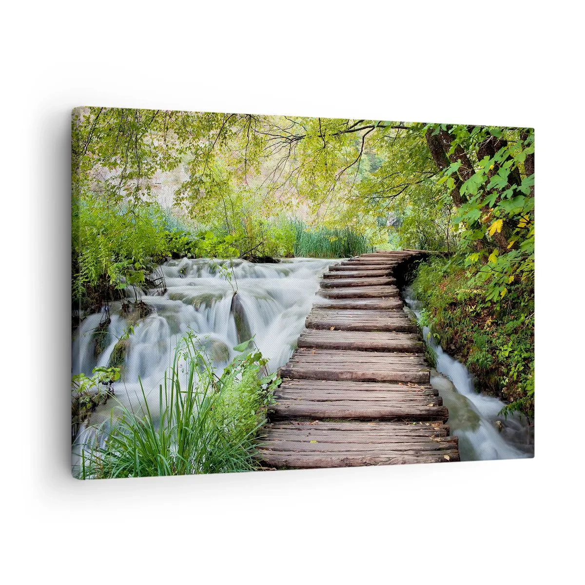 Obraz na płótnie - Drewniany pomost nad wodospadem otoczonym bujną zielenią lasu. - 70x50cm - Wcale nie cicha woda - Nowoczesna dekoracja ścienna do salonu i sypialni ARTTOR