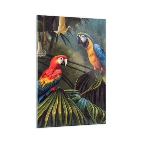 Obraz na szkle - Papugi w tropikalnym lesie na tle egzotycznych kwiatów - 80x120cm - Romantyzm w tropikach - Nowoczesna dekoracja ścienna do salonu i sypialni ARTTOR