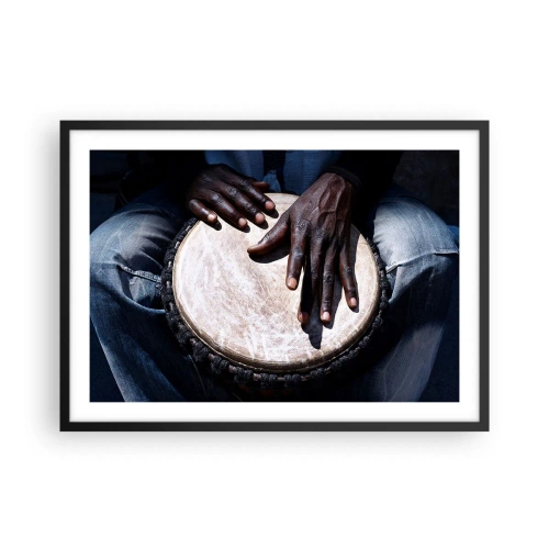 Plakat w czarnej ramie - Ręce grające na bębnie djembe w dynamicznej kompozycji - 70x50cm - Żyj w swoim rytmie - Nowoczesna dekoracja ścienna do salonu i sypialni ARTTOR