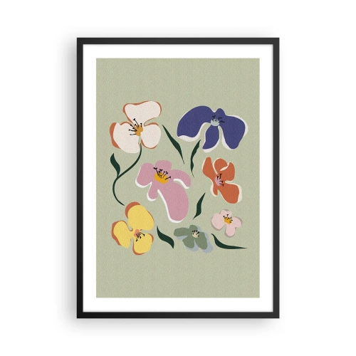 Plakat w czarnej ramie - Kolorowe kwiaty na zielonym tle w artystycznym stylu - 50x70cm - Bratki za pan brat - Nowoczesna dekoracja ścienna do salonu i sypialni ARTTOR