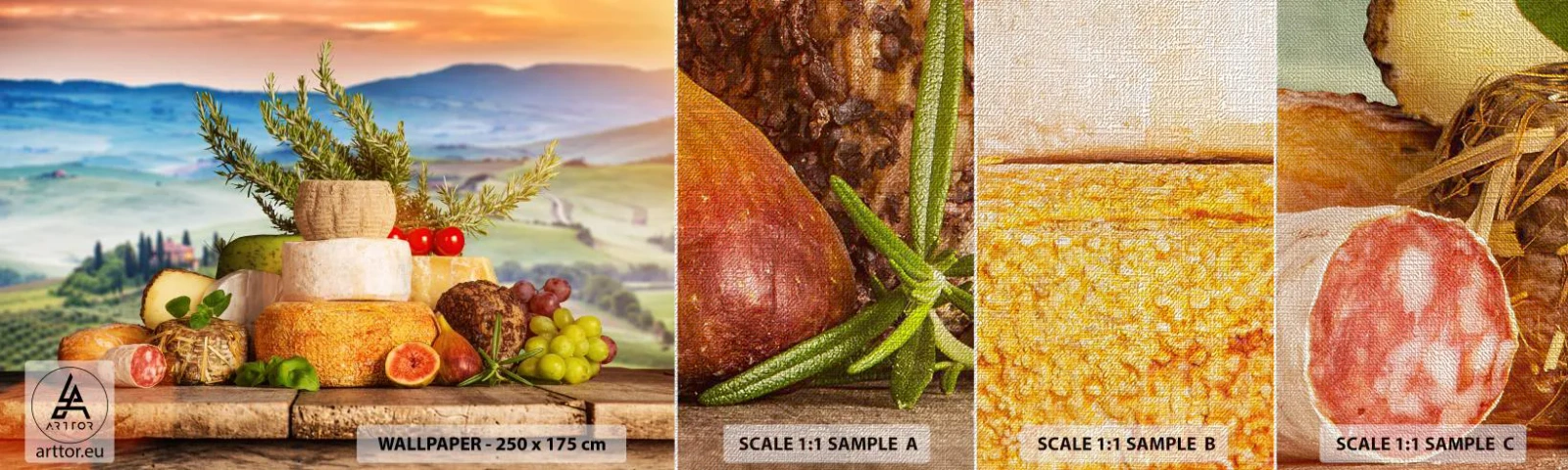 Fototapeta Próbka Premium Canvas - Włoska radość życia - Toskania, Krajobraz, Pyszne Sery - 100x30 cm