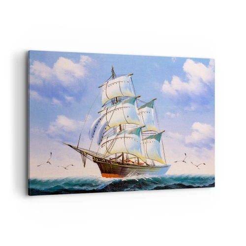 Obraz na płótnie - Żaglowiec na otwartym morzu pod błękitnym niebem - 120x80cm - Dumnie z wiatrem - Nowoczesna dekoracja ścienna do salonu, kuchni i sypialni ARTTOR