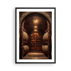 Plakat w czarnej ramie - Elegancka piwnica na wino z drewnianymi beczkami - 50x70cm - Klimatyczna piwnica - Nowoczesna dekoracja ścienna do salonu i sypialni ARTTOR