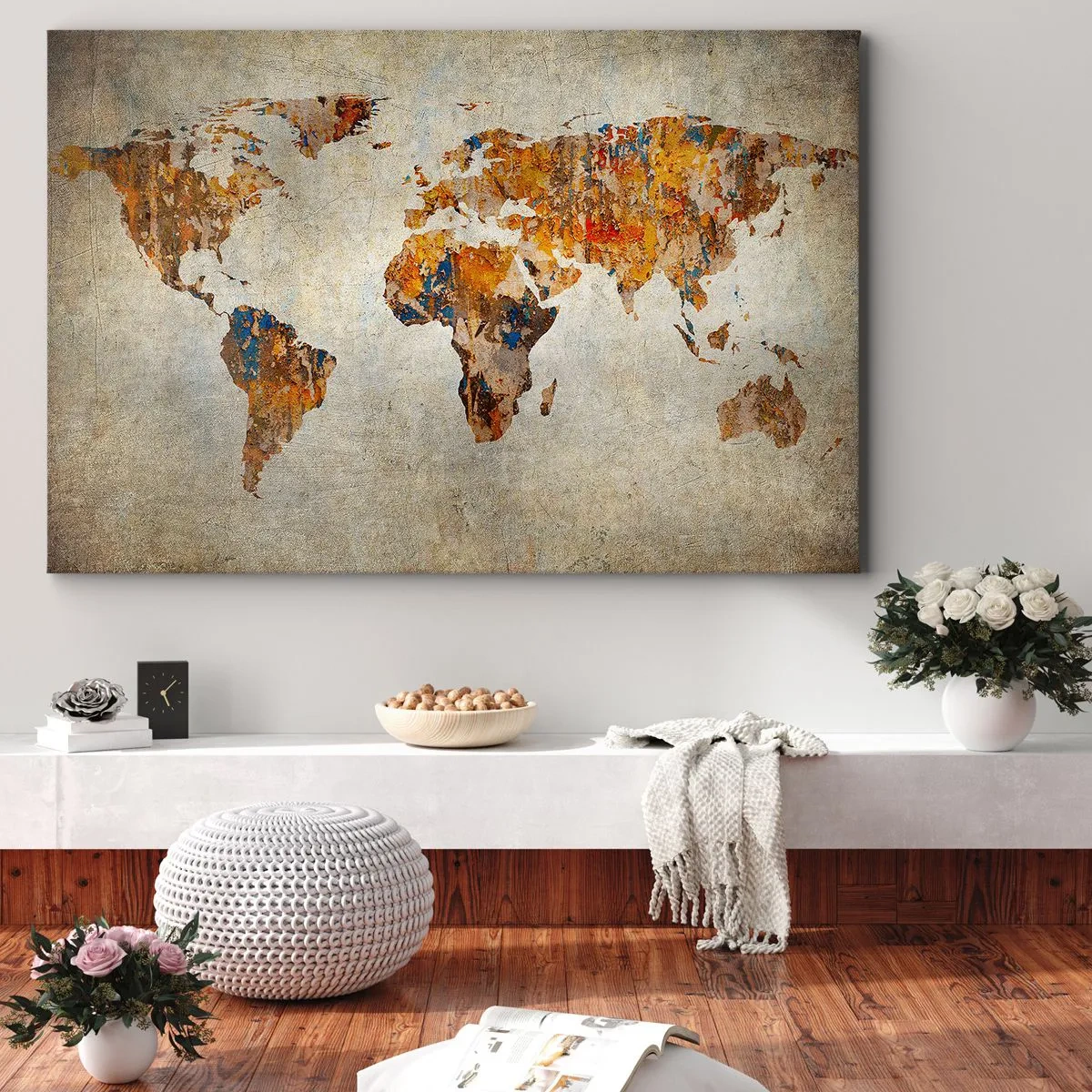 Obraz na płótnie - Mapa świata w stylu vintage z kolorowymi akcentami - 70x50cm - Naprawdę wielki świat - Nowoczesna dekoracja ścienna do salonu i sypialni ARTTOR