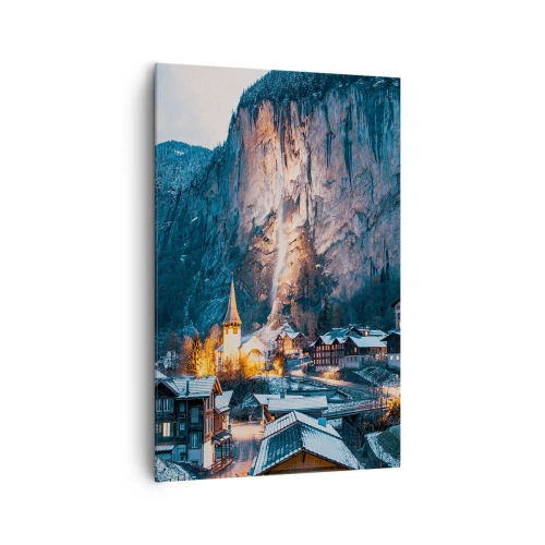 Obraz na płótnie - Malownicza zimowa wioska otoczona górami - 80x120cm - Świetlisty duch zimy - Nowoczesna dekoracja ścienna do salonu i sypialni ARTTOR