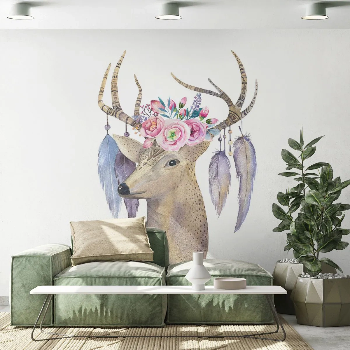 Fototapeta Premium Sand - Jeleń w stylu boho z kwiatami i piórami na porożu - 100x70cm - Przewodnik duszy - delikatny, niewinny - Nowoczesna dekoracja ścienna do salonu, kuchni i sypialni ARTTOR