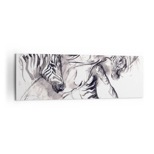 Obraz na płótnie - Kobieta w dynamicznym tańcu z zebrami w czarno-białej estetyce - 160x50cm - Tańcząca z zebrami - Nowoczesna dekoracja ścienna do salonu i sypialni ARTTOR