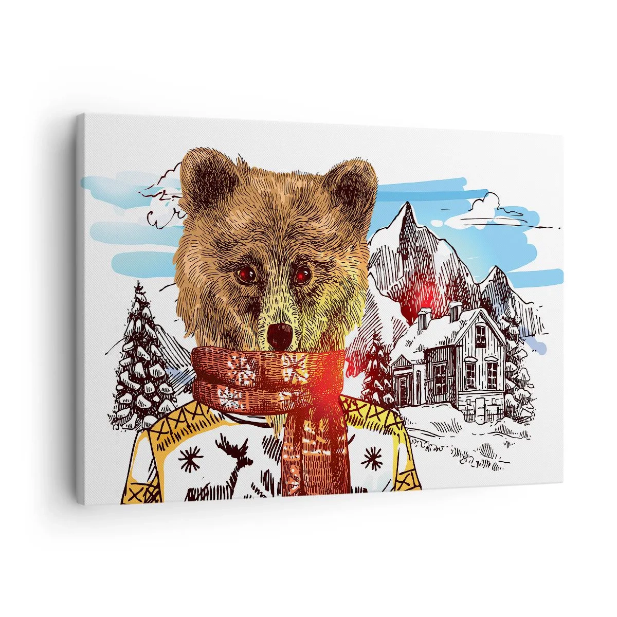 Obraz na płótnie - Niedźwiedź w swetrze i szaliku na tle górskiego domu - 70x50cm - Chatka niedźwiadka - Nowoczesna dekoracja ścienna do salonu i sypialni ARTTOR