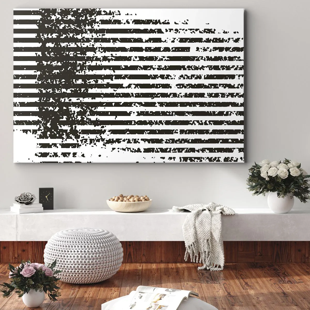 Obraz na płótnie - Abstrakcyjne linie z efektem przetarcia w czerni i bieli - 70x50cm - Rytm i szum - Nowoczesna dekoracja ścienna do salonu i sypialni ARTTOR